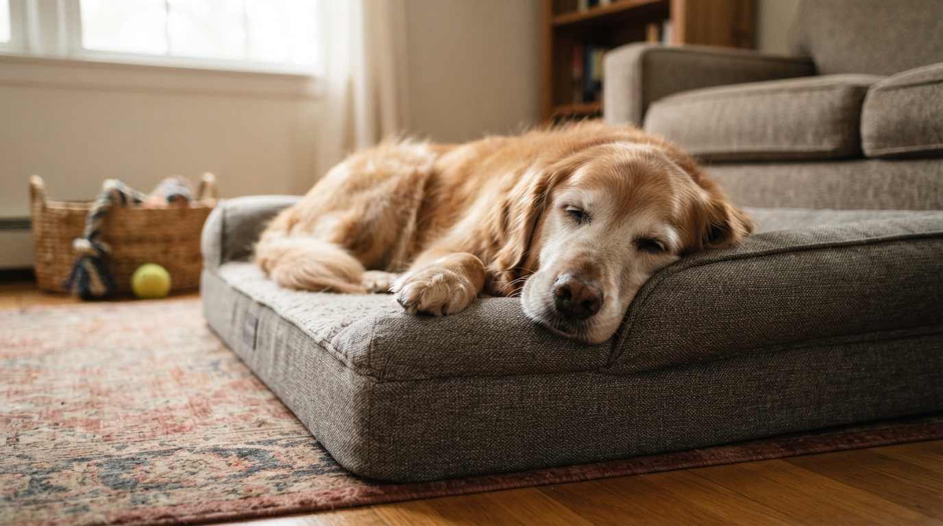 A senior golden retriever settles onto a thick orthopedic dog bed in a softly lit living room, photographed at dog-eye level.