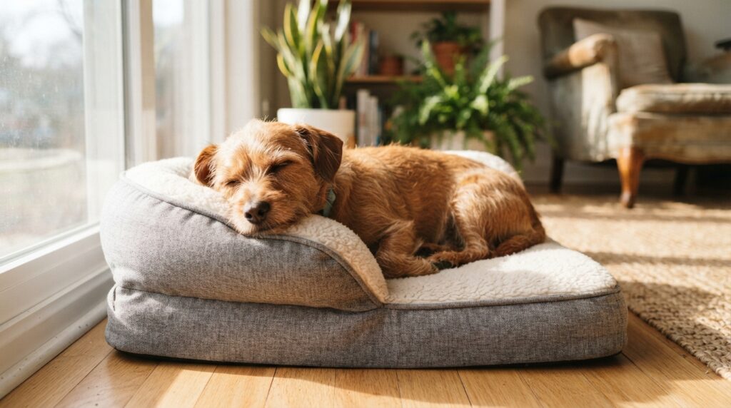 In bright morning light, a small curled dog rests its chin on the raised edge of a bolster bed, photographed close-up
