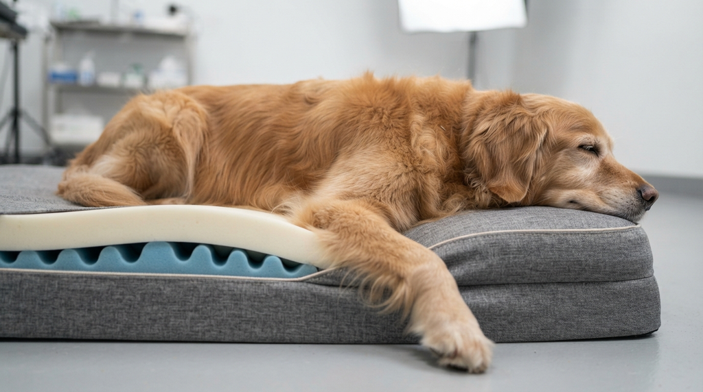 A senior golden retriever settles onto a thick orthopedic dog bed in a softly lit living room, photographed at dog-eye level.
