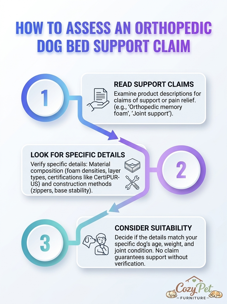 Infographic on how to assess orthopedic dog bed support claims, including materials, construction, and fit.