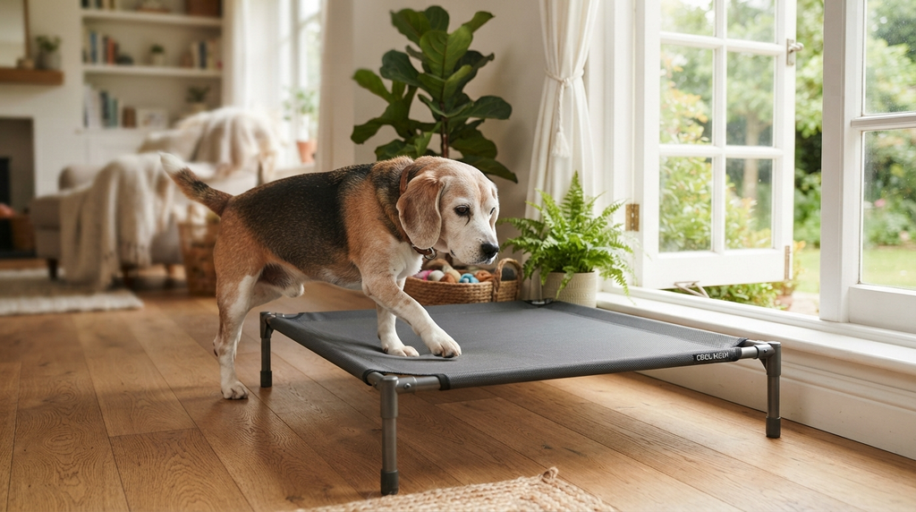 A senior beagle carefully steps onto a low elevated dog bed beside an open window in a bright, airy room.