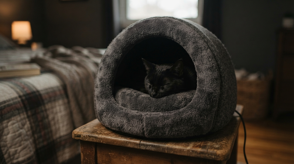 A black cat sleeps inside a soft enclosed heated bed in a dim, peaceful room, with its entrance facing the camera.