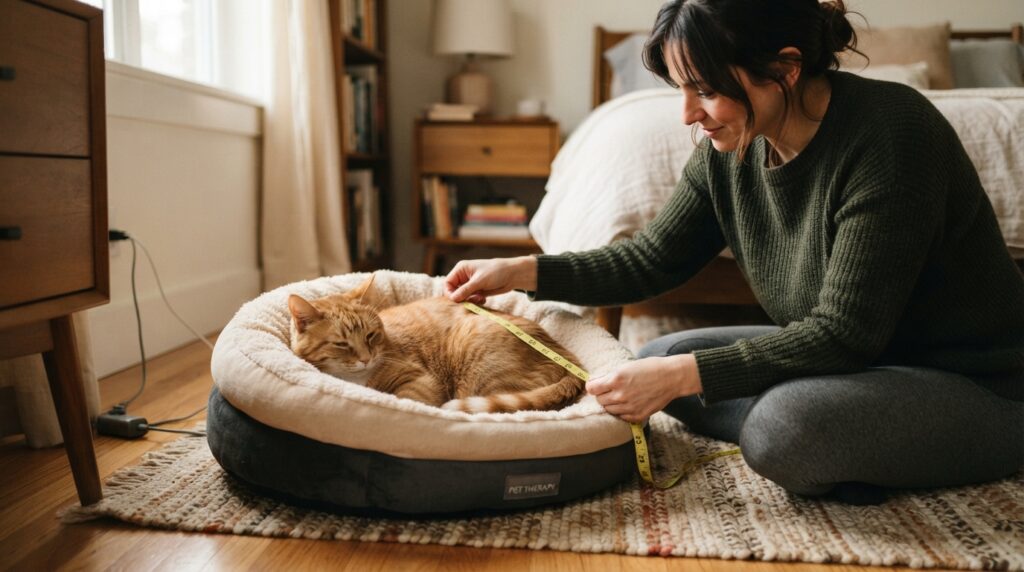 A cat owner measures a relaxed ginger cat beside an open heated bed on a quiet bedroom floor.