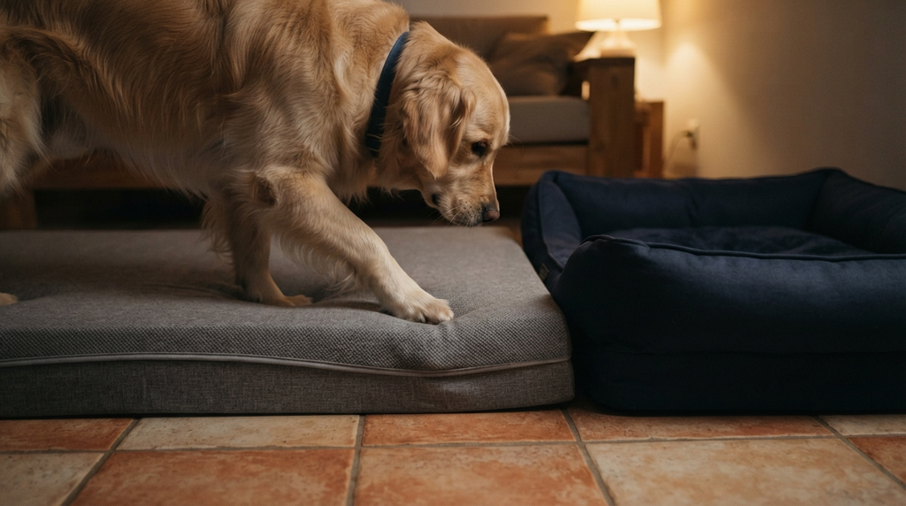A dog's front paws step onto the low edge of a memory foam bed beside a high-sided bolster bed, shown in crisp detail.