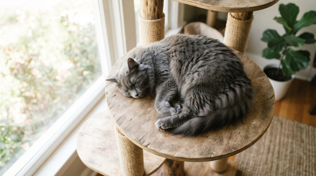 A fluffy gray cat curls comfortably on an oversized wooden cat-tree perch beside a sunlit window, photographed from above.