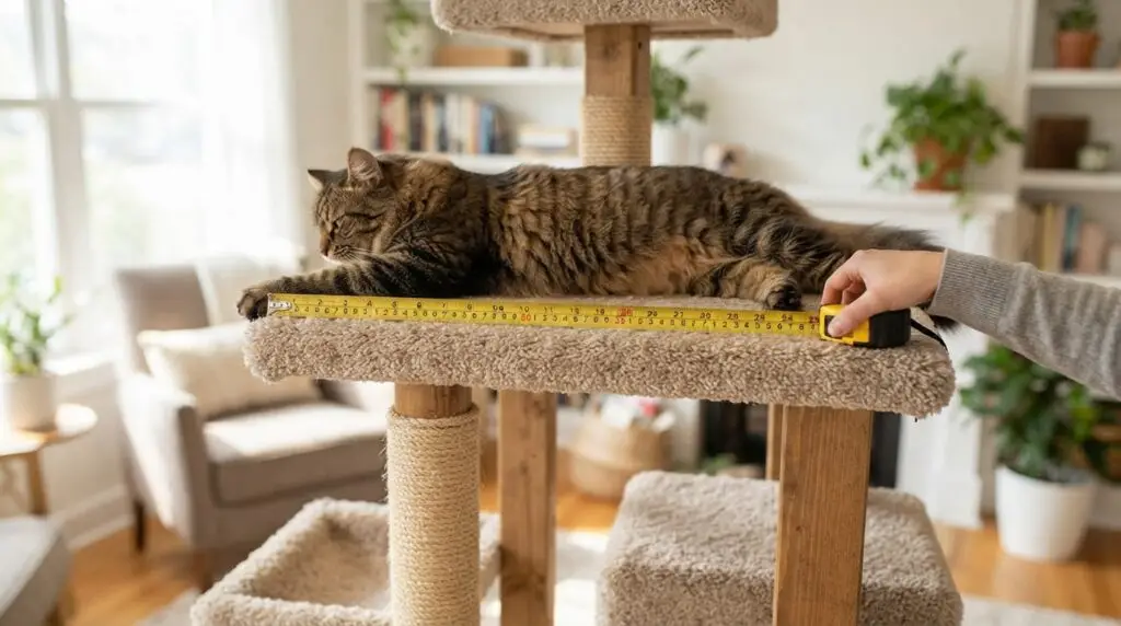 A large tabby cat stretches across a broad carpeted cat-tree platform while a tape measure shows its usable width