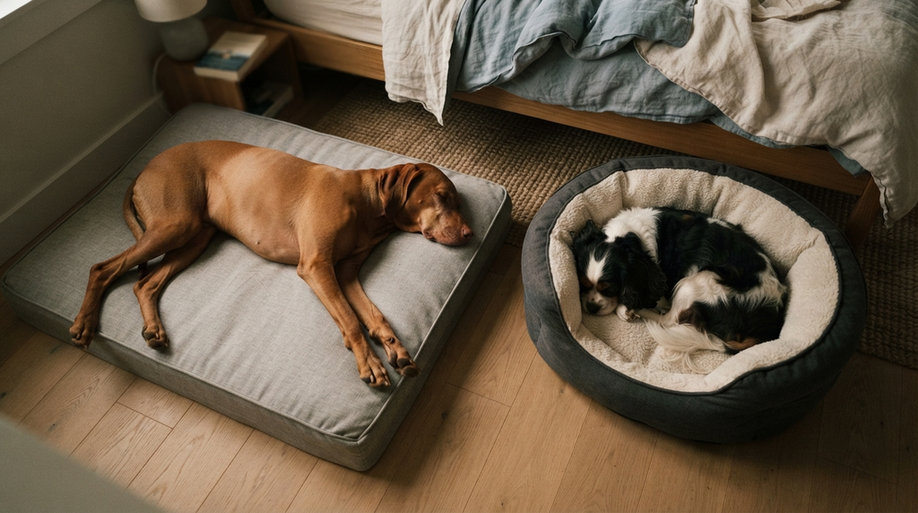 A long-legged dog stretches across a broad memory foam bed while a smaller dog curls inside a bolster bed, viewed from above