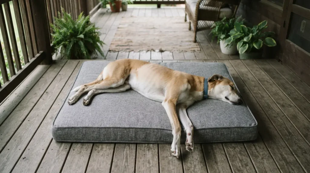 A long-legged dog stretches fully across a flat rectangular dog bed on a shaded porch, photographed from directly overhead.