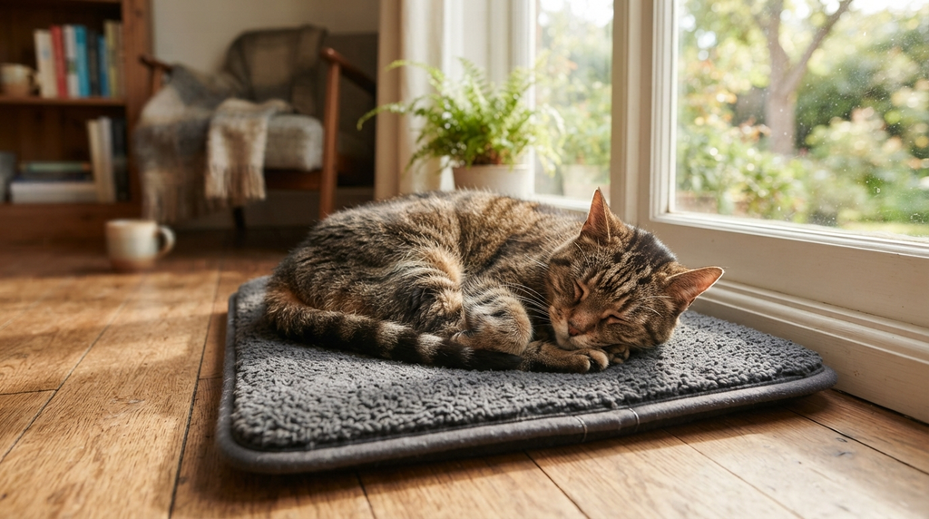A senior tabby curls on a low-profile self-warming mat in a bright living room beside its favorite sunny window.