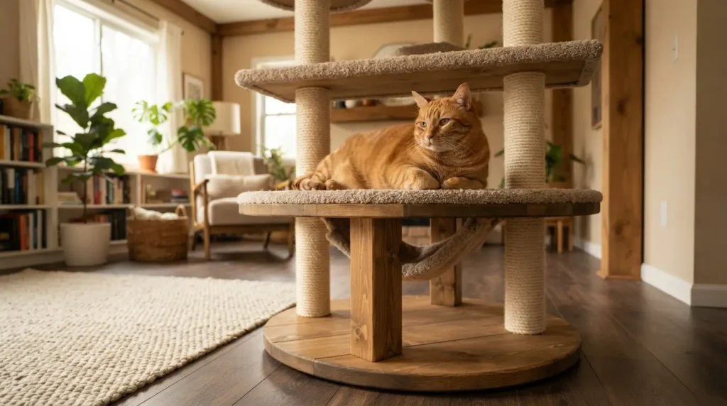 A sturdy cat tree with broad resting platforms stands beside a large orange cat in a quiet room, its stable base.