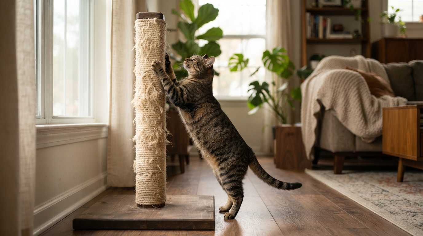 A tabby cat stretches to scratch a tall sisal post beside a sunlit living-room window, captured in a full-height side view.