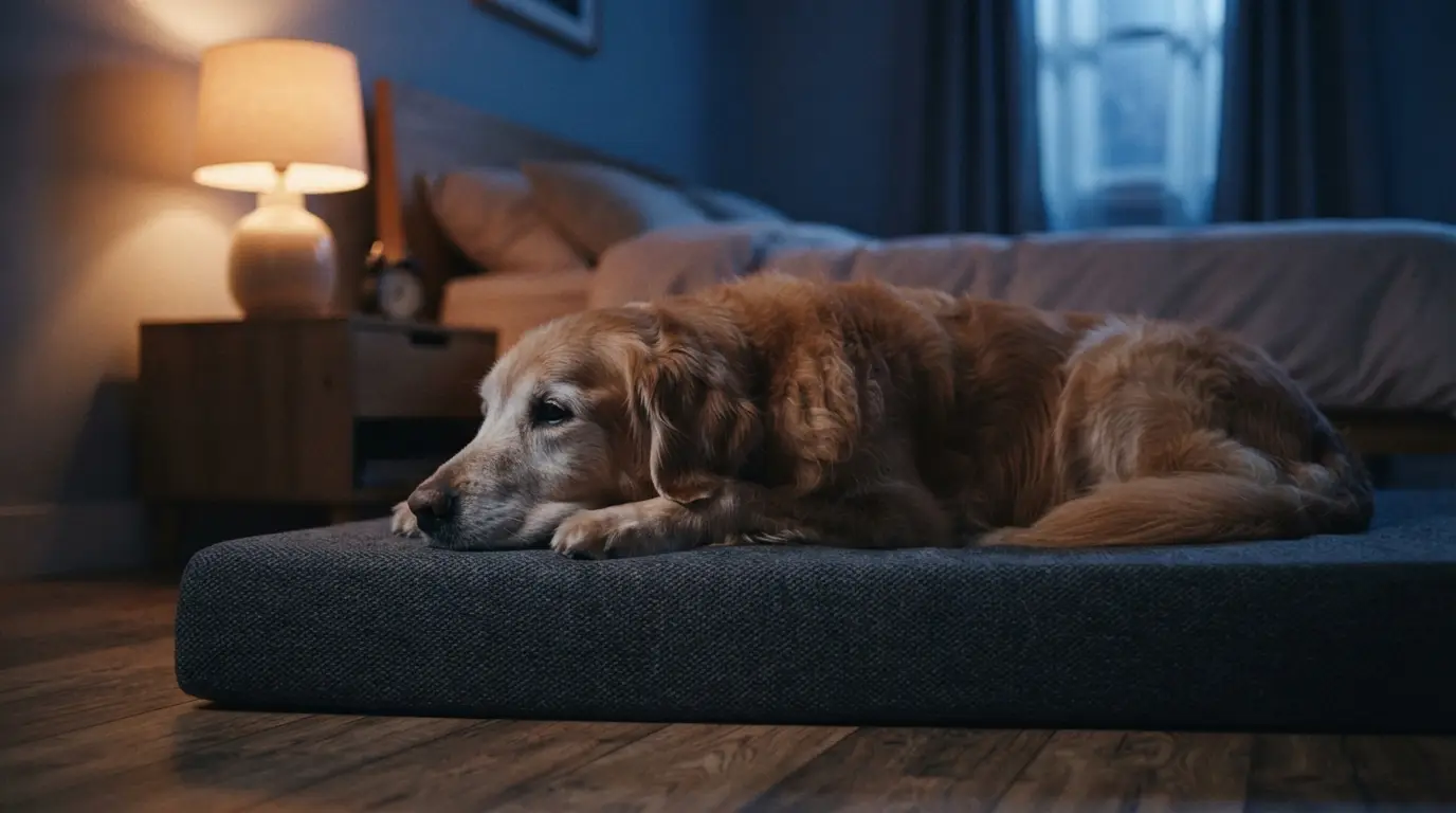 At dusk in a quiet bedroom, a senior dog settles onto a flat memory foam bed, shown in a wide side view beside a dim bedside