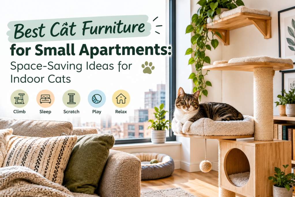 Cat furniture for small apartments with a compact cat tree, wall-mounted shelves, scratching post, and cozy cat bed