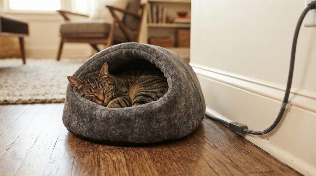 Close-up of an intact heated-bed power cord routed along a wall, away from a cat resting safely on the bed.