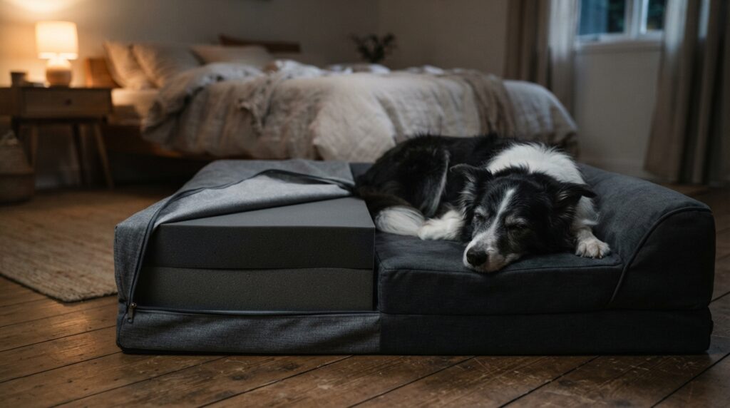 A charcoal foam dog bed with layered cushioning exposed sits beside a sleeping border collie in a quiet, dimly lit bedroom.