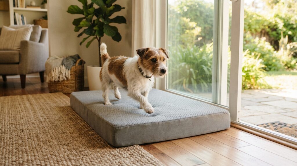 A small terrier steps onto a low-entry orthopedic dog bed beside a sunny patio door, captured in a lively wide shot.