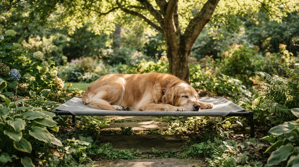 A golden retriever rests on a raised mesh dog bed beneath a shady garden tree, with sunlight filtering through leaves.