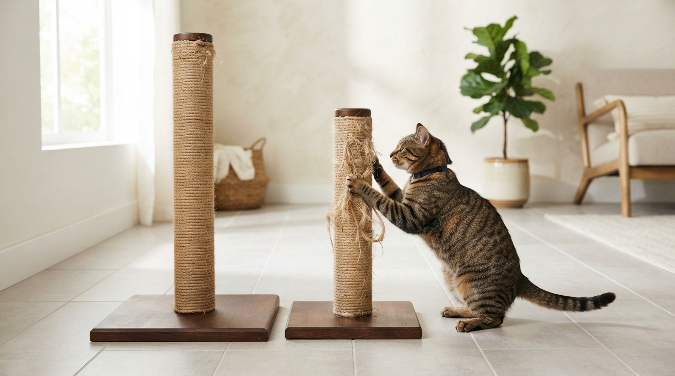 Two sisal scratching posts of different heights stand on tiled flooring as a cat paws the shorter one in a bright