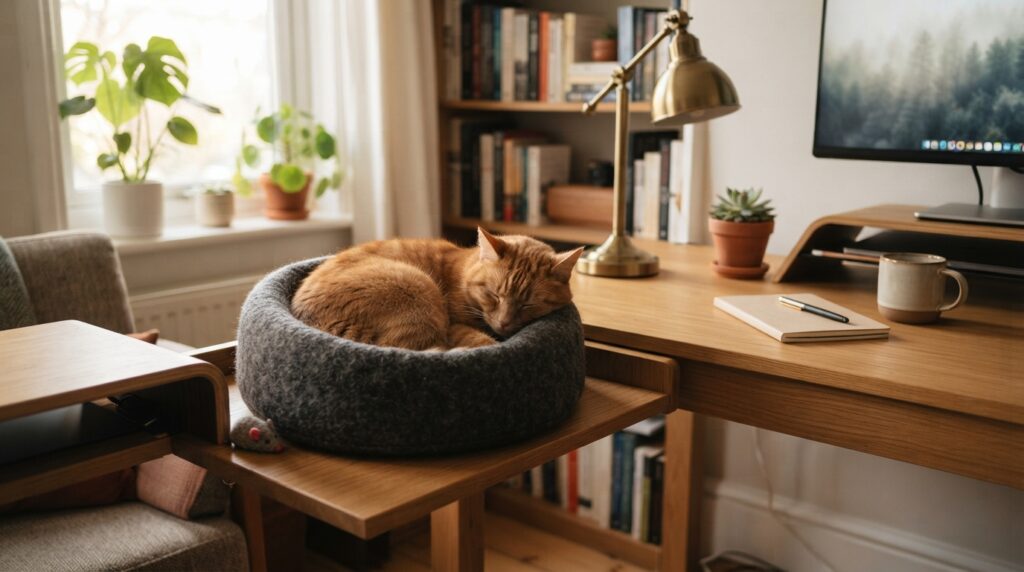 A ginger cat curls in a compact felt bed on a sturdy side shelf beside a clear writing desk in a sunlit home study.