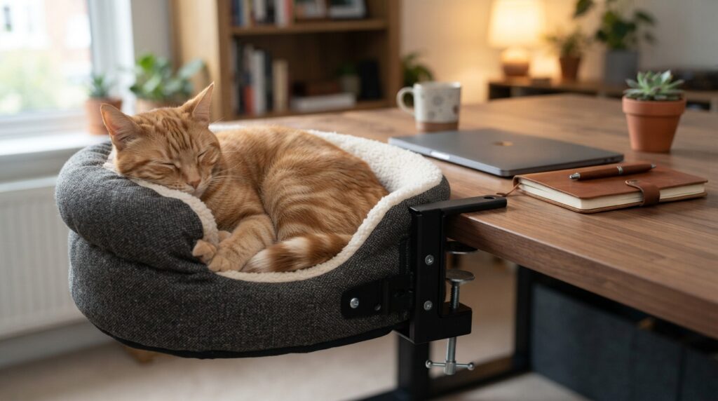 Close-up of a padded cat bed secured to a desk-edge shelf with visible clamps, while a cat rests above an uncluttered work