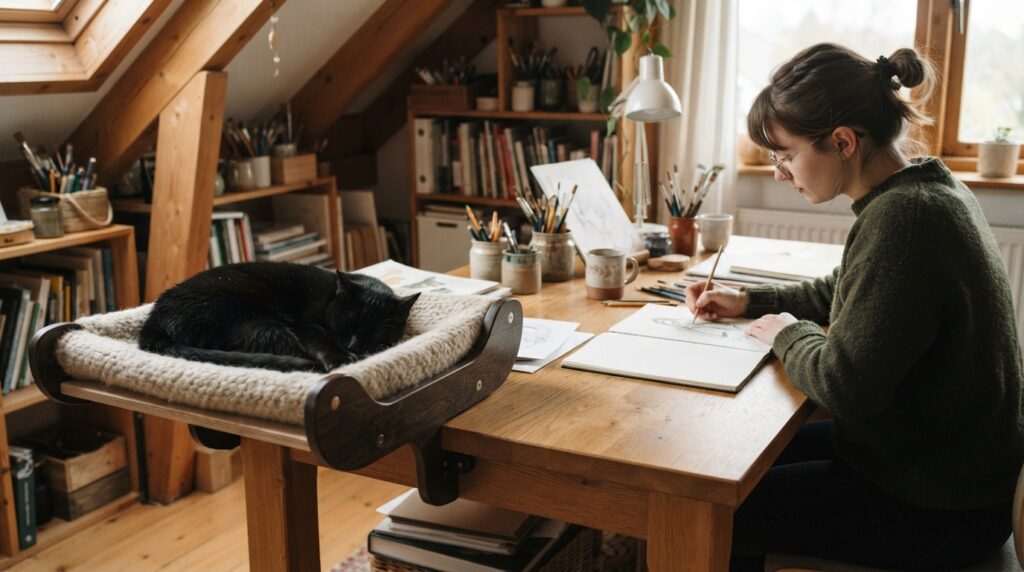 In a softly lit attic studio, a black cat naps in a raised desk-side bed as a person sketches at the spacious worktable.