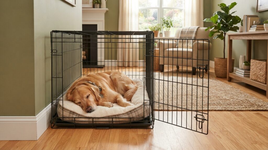A relaxed golden dog rests on a cushioned wire crate in a bright living room, with the open door and surrounding floor space