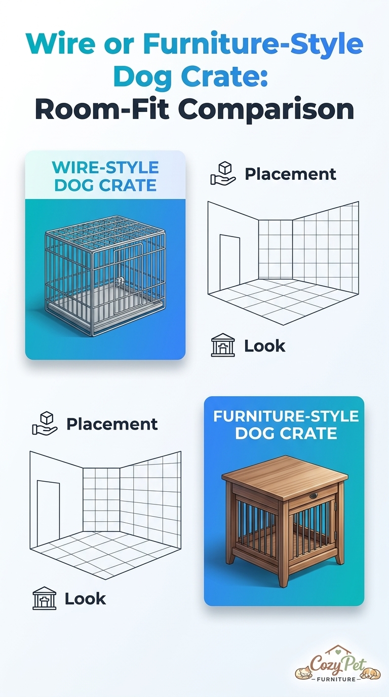 Wire vs. furniture-style dog crate room-fit comparison showing how each option suits different rooms.