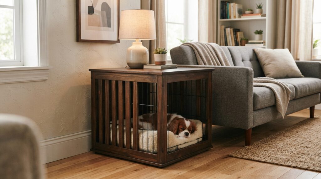 A dark wood furniture-style dog crate doubles as an end table beside a sofa in a softly lit, compact apartment.