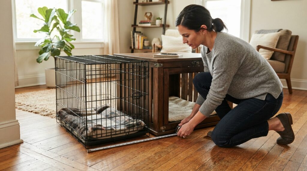 A homeowner measures a wire dog crate beside a furniture-style crate to compare their footprints in a sunlit room.