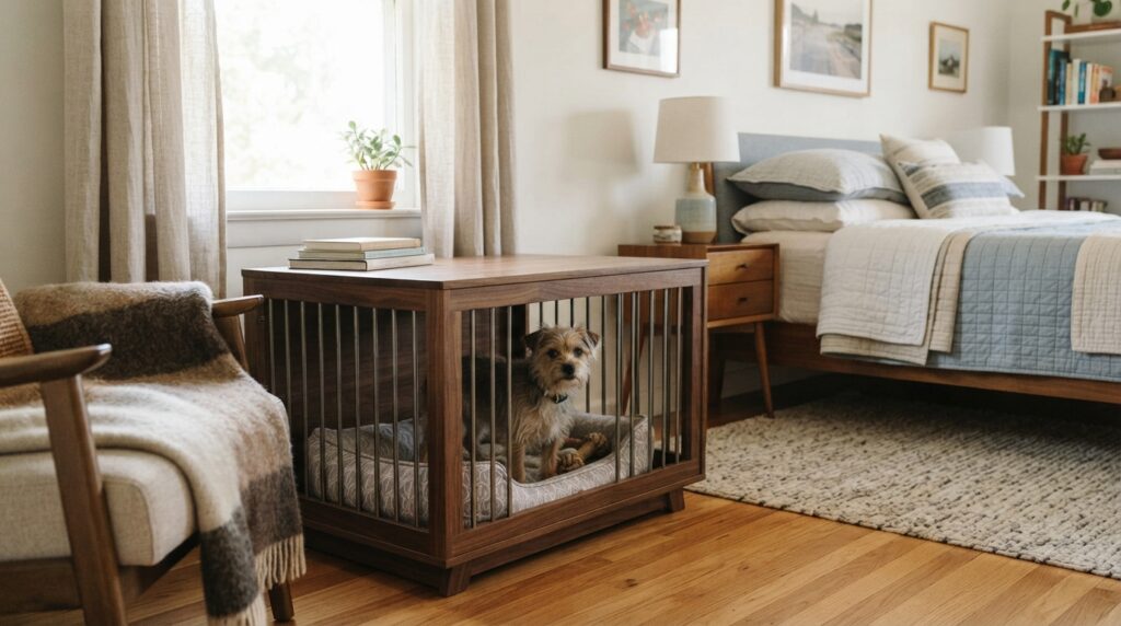A small dog stands comfortably inside a furniture-style crate beneath a window, framed in a wide view of a tidy bedroom.