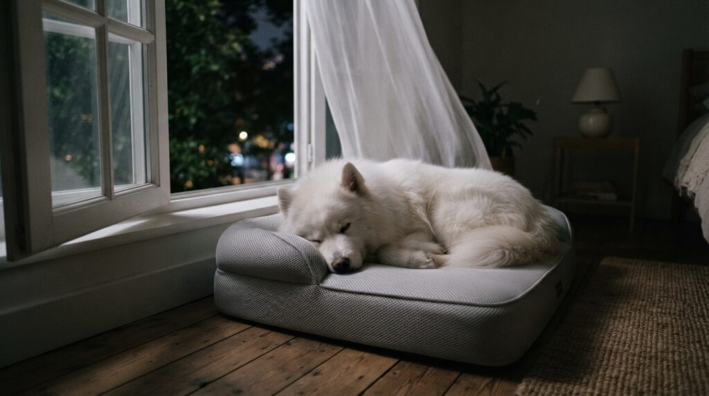 A fluffy dog curls into a cushioned bed in a quiet, dim bedroom, framed from a low angle beside an open window.