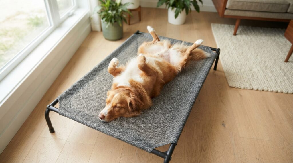 A fluffy dog curls into a cushioned bed in a quiet, dim bedroom, framed from a low angle beside an open window.