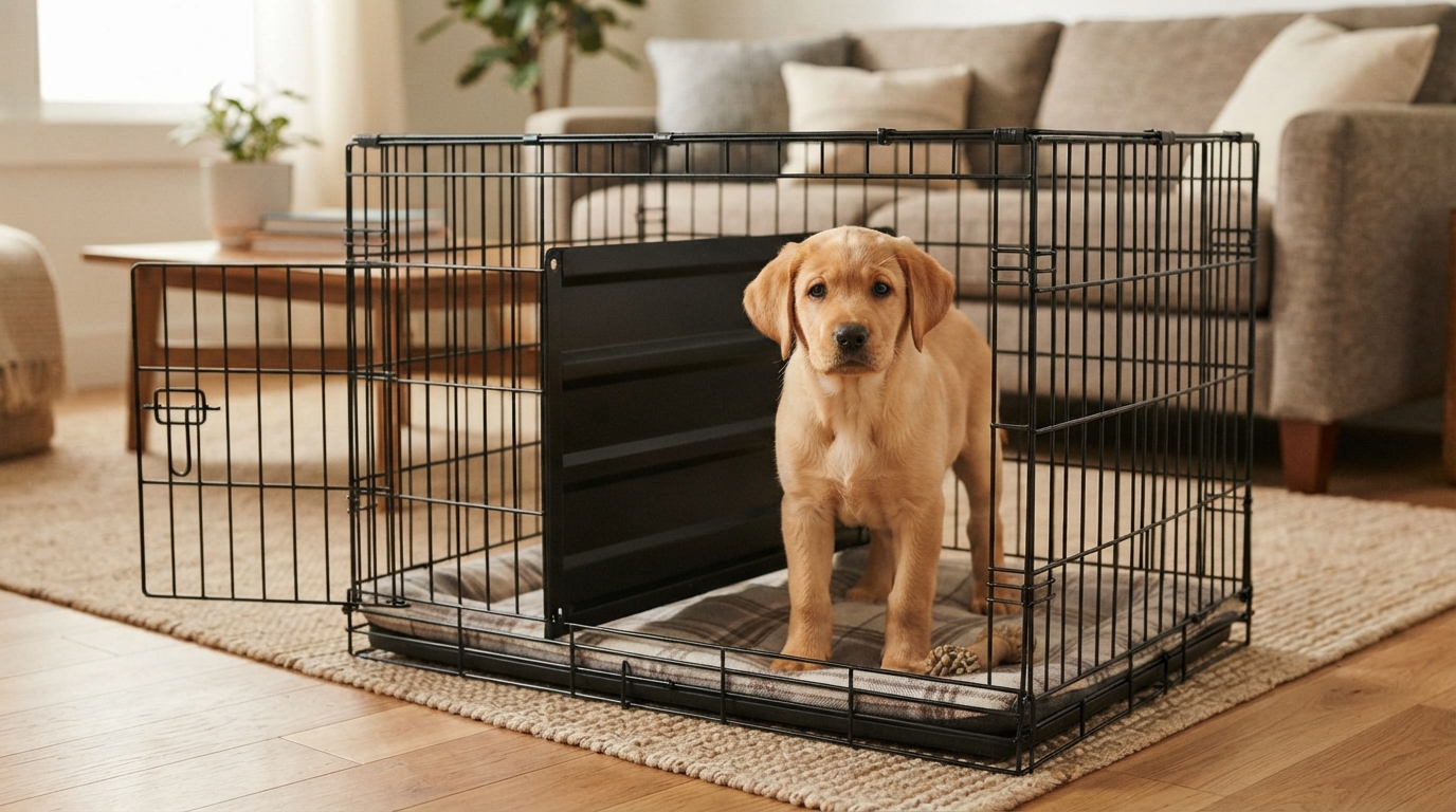 A puppy stands inside a wire crate with a divider positioned to leave just enough room to lie down, in a softly lit living.