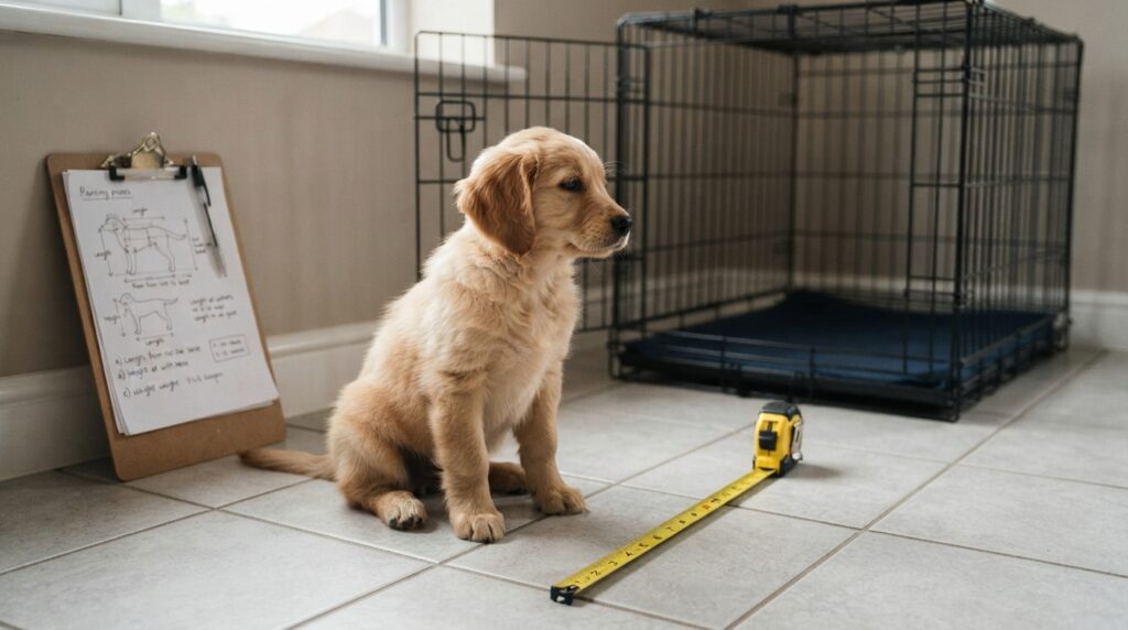 A tape measure rests beside a puppy sitting on a tiled floor, with a wire crate and growth notes on a clipboard.