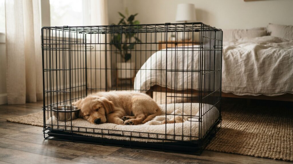 A golden puppy sleeps comfortably in a crate with its divider moved back, morning light falling across a quiet bedroom.