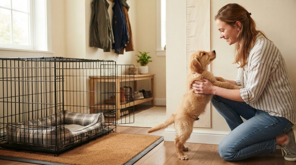 A person compares a puppy