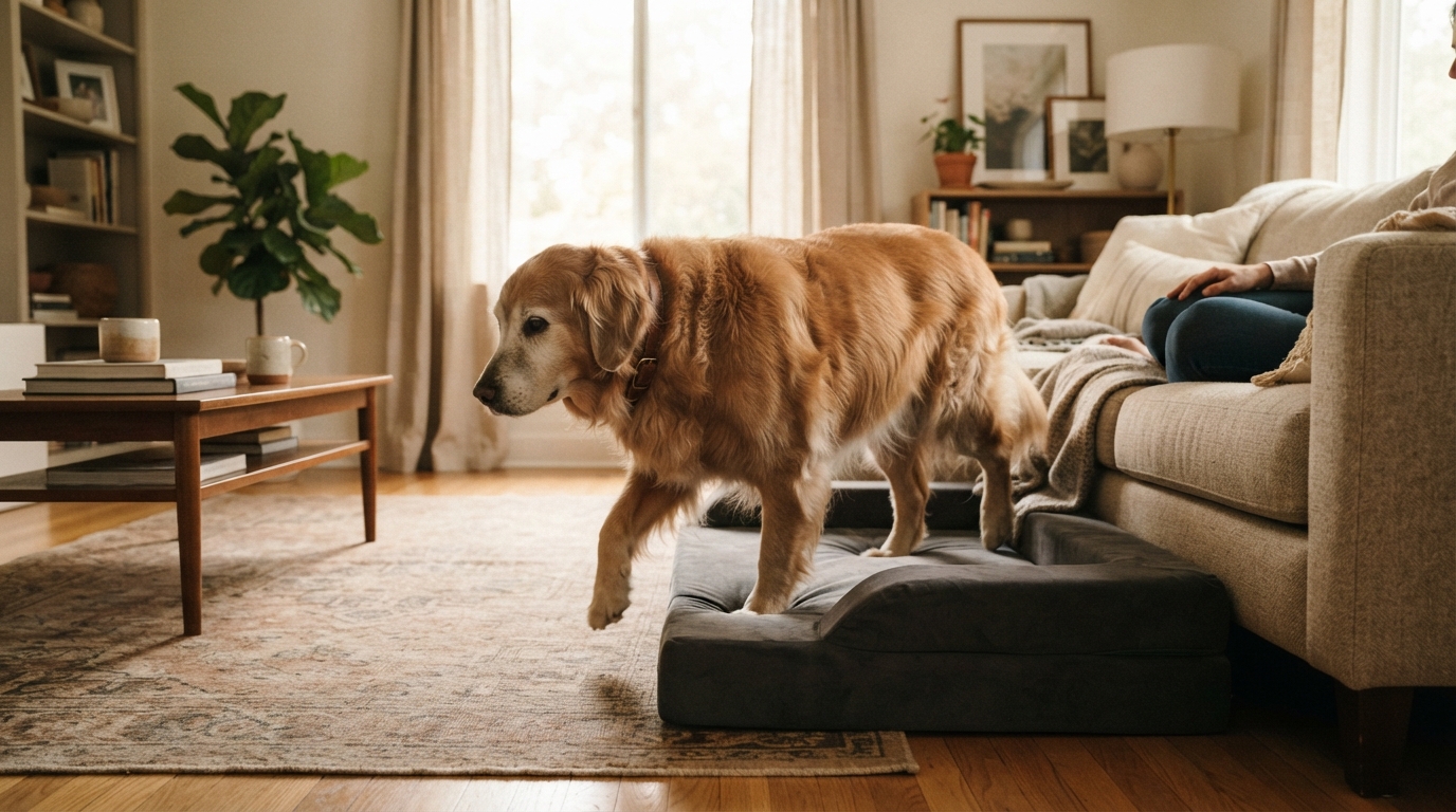A senior golden dog steps onto a low-entry foam bed beside a sofa in a softly lit living room, wide view.