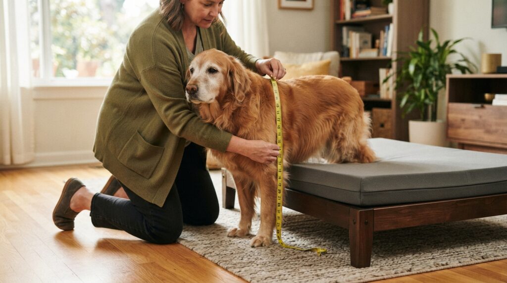 A person measures a standing dog beside a raised orthopedic bed in a sunlit home, with tape measure and furniture in view.