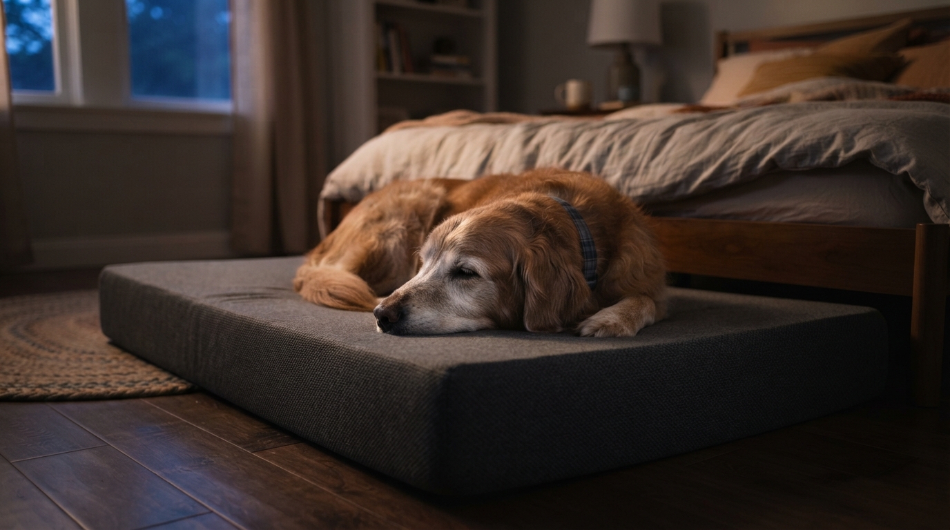 At dusk in a quiet bedroom, a senior dog settles onto a flat memory foam bed, its body gently sinking into the surface.