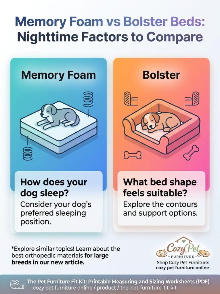 Infographic comparing memory foam and bolster beds across nighttime comfort factors.