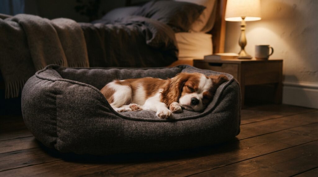 Under a bedside lamp, a small dog curls against the raised sides of a plush bolster bed on a wooden bedroom floor.