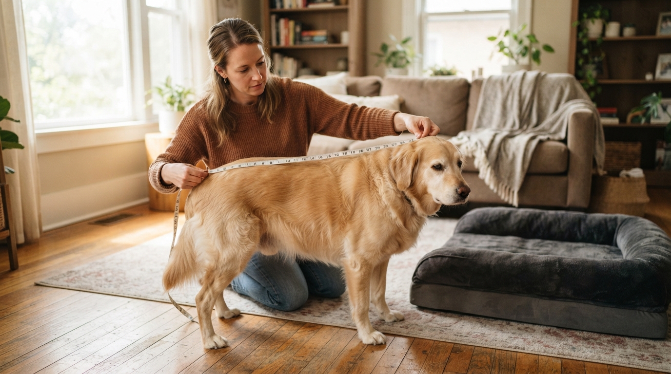 In a sunlit living room, a person measures a calm dog from nose to tail with a tape measure beside an orthopedic bed.