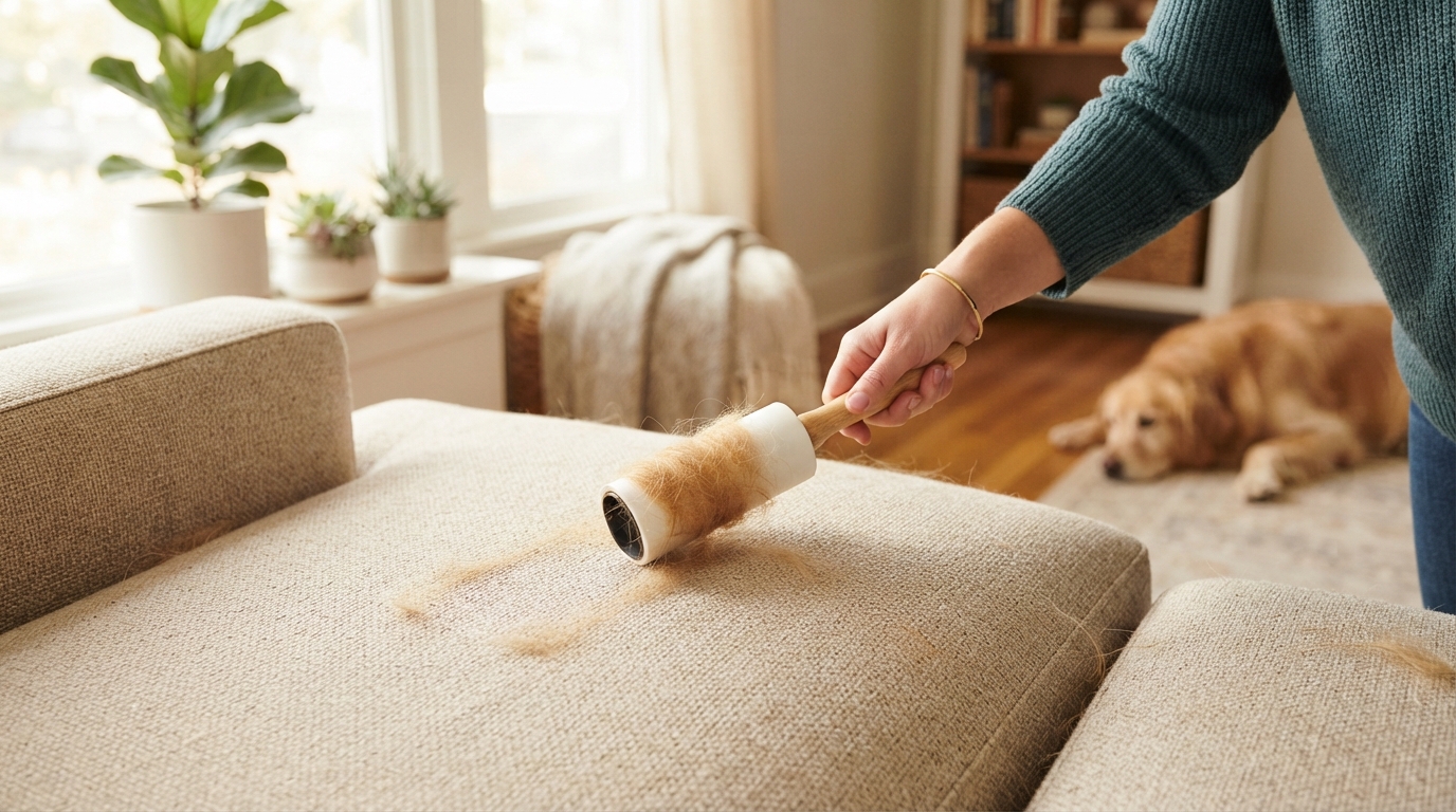 In a sunlit living room, a hand lifts loose dog hair from a tightly woven sofa cushion with a lint roller.