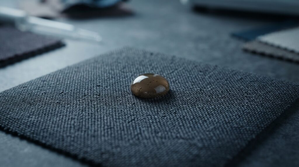 A drop of muddy water beads on stain-resistant upholstery in a dark, tightly framed fabric test under cool studio light.