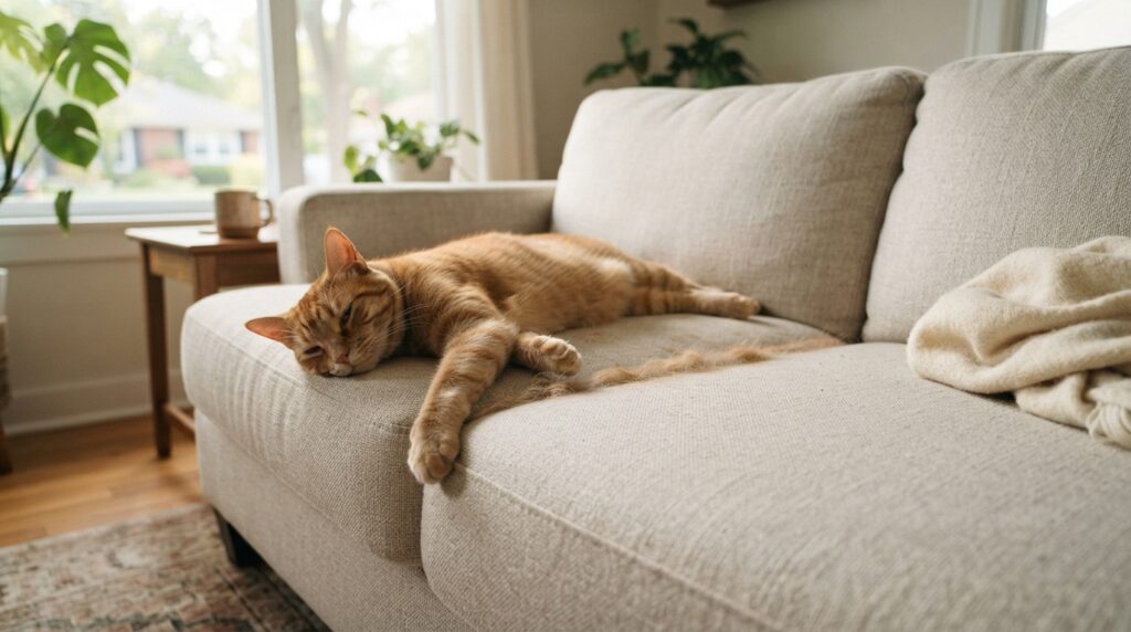 A ginger cat stretches across a pale, smooth sofa while shed fur gathers along the cushion seam in a quiet morning room.