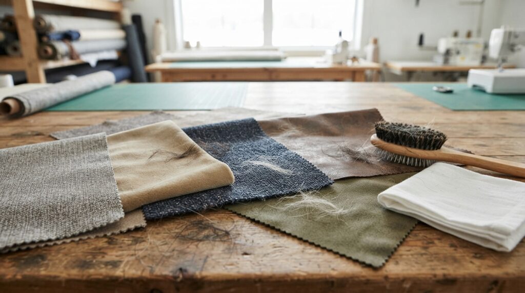 On a workshop table, upholstery swatches in varied textures sit beside a dog brush and a clean white cloth under bright